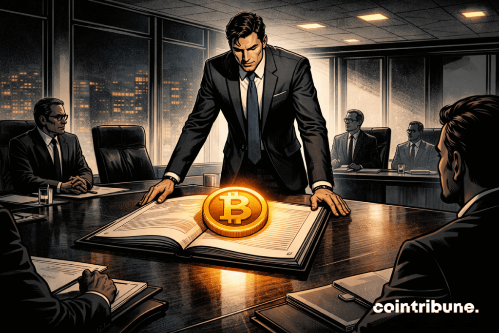 Dans une salle de conseil haut de gamme inspirée de la grande finance new-yorkaise, un dirigeant bancaire (Morgan Stanley) se tient debout au bout d’une longue table de réunion sombre et brillante. Devant lui, sur la table, repose un grand dossier institutionnel rouvert, épais, au design administratif sobre, sans aucun texte, sans chiffres, sans logo, sans marquage lisible. Posée sur ce dossier, une pièce inspirée de l’univers du Bitcoin sert d’élément central visuel.