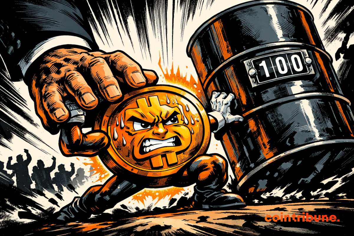 Illustration showing a personified Bitcoin, sweating and under pressure, trying to withstand an oil barrel marked $100, symbolizing rising energy prices and global economic tensions