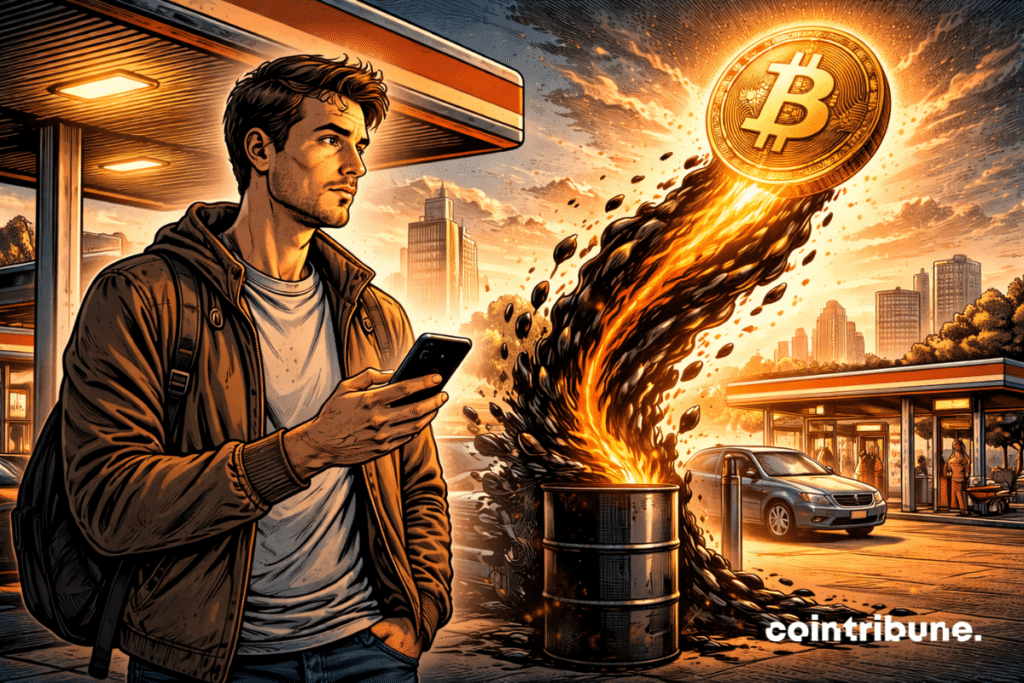 An ordinary investor or driver stands near a modern gas station or an urban setting that evokes the oil industry. They check their smartphone with a focused, restrained expression. Behind or beside them, an abstract visual stream of black oil rises and gradually transforms into an upward trajectory carrying a large Bitcoin coin.