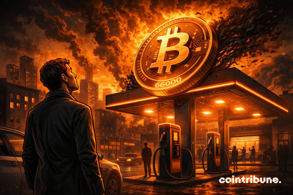 Un automobiliste/investisseur s’est arrêté près d’une pompe abstraite. Il a la tête tournée vers le ciel. Au-dessus de la station, un Bitcoin massif penche et descend comme une enseigne lourde, tandis qu’une chaleur orange et des volutes noires envahissent la scène.