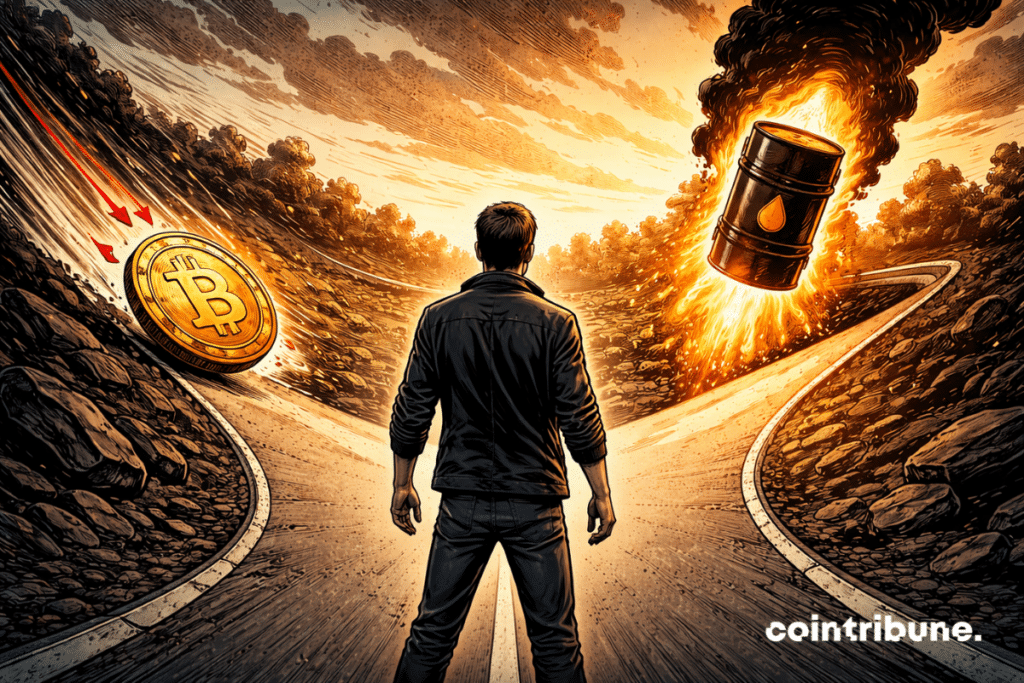 Un inversor común se encuentra en medio de un camino dividido, o en un espacio simbólicamente separado en dos trayectorias. A la izquierda, una gran moneda de Bitcoin se desliza cuesta abajo, con una dinámica claramente descendente, pero no dramática. A la derecha, un barril de petróleo se eleva como un cohete o como un impulso vertical de energía, sin ningún exceso sensacionalista.
