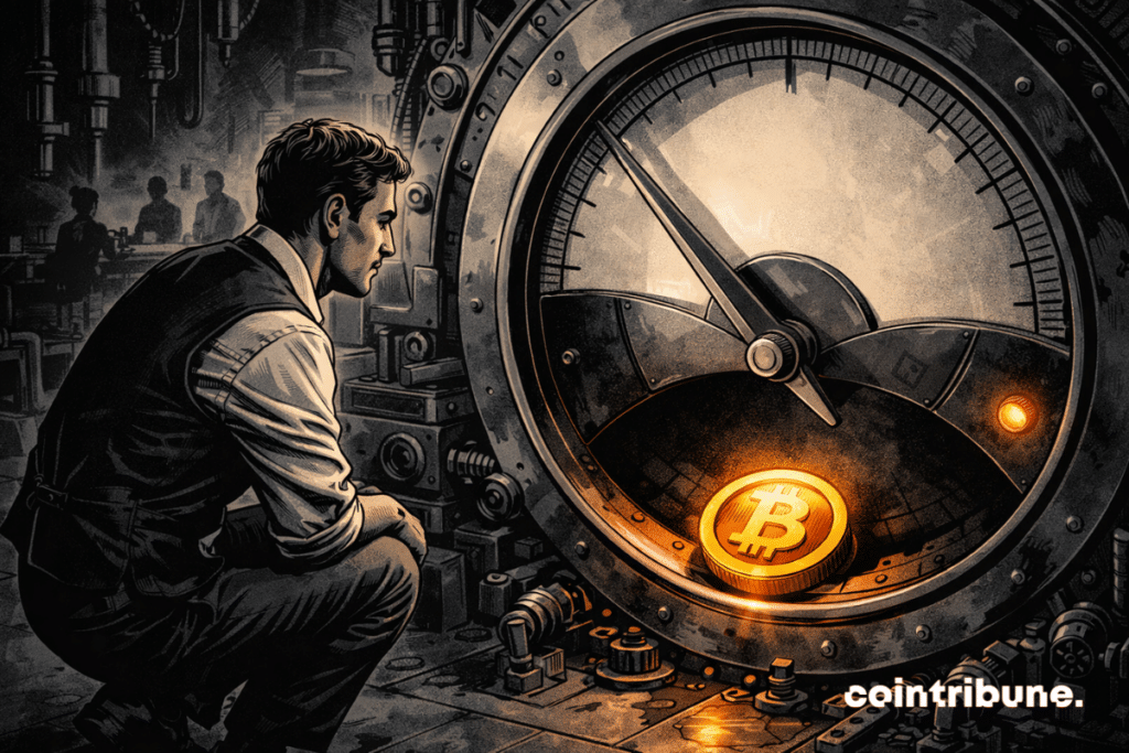 Dans un atelier mécanique réinventé en laboratoire financier, un technicien-analyste occupe la zone centrale de l’image. Il est accroupi ou agenouillé devant un immense cadran industriel abstrait, intégré à une machine complexe. L’élément central est un énorme mécanisme circulaire évoquant un indicateur de marché sans jamais afficher de texte, de chiffre, ni de repère lisible. Une grande aiguille métallique descendante frôle sa position la plus basse sur le cadran. Au point le plus bas du mécanisme repose une pièce inspirée de l’univers du Bitcoin. Elle peut émettre une légère lueur orange ou refléter une lumière chaude discrète, pour attirer le regard sans rompre la neutralité.