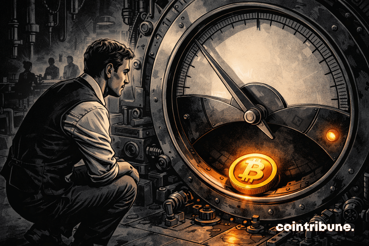 Dans un atelier mécanique réinventé en laboratoire financier, un technicien-analyste occupe la zone centrale de l’image. Il est accroupi ou agenouillé devant un immense cadran industriel abstrait, intégré à une machine complexe. L’élément central est un énorme mécanisme circulaire évoquant un indicateur de marché sans jamais afficher de texte, de chiffre, ni de repère lisible. Une grande aiguille métallique descendante frôle sa position la plus basse sur le cadran. Au point le plus bas du mécanisme repose une pièce inspirée de l’univers du Bitcoin. Elle peut émettre une légère lueur orange ou refléter une lumière chaude discrète, pour attirer le regard sans rompre la neutralité.