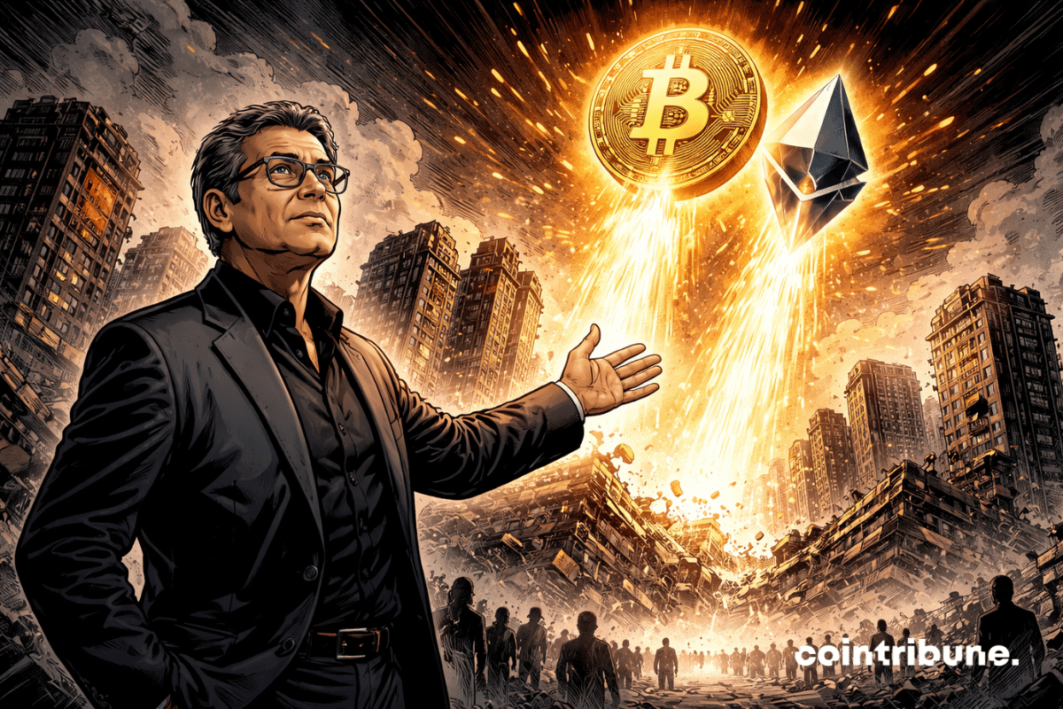 Une figure inspirée d’un analyste ou auteur financier de premier plan (Robert Kiyosaki) se tient au premier plan devant un décor de crise mondiale. Derrière lui, deux actifs dominent visuellement la scène : un grand Bitcoin et un grand Ethereum montent ensemble dans une dynamique ascendante claire. Leur ascension se détache au-dessus d’une skyline financière fissurée, de structures économiques affaiblies et d’un environnement global en rupture.