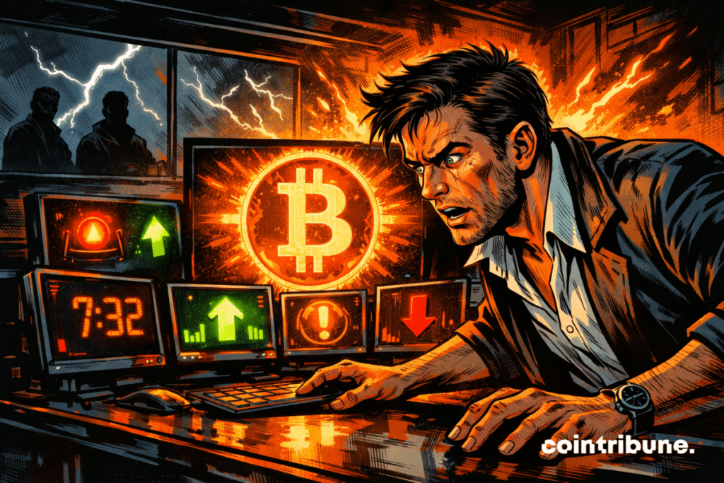A worried analyst in front of multiple screens, with a large glowing orange Bitcoin symbol