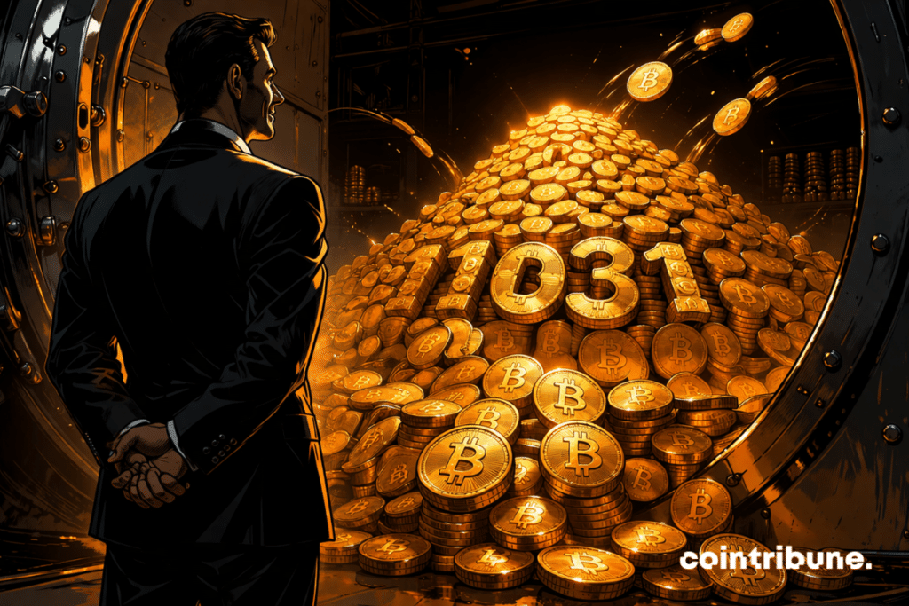 A Strategy executive observes a mountain of stacked Bitcoins, with some still being added, the number 1031 subtly integrated into the structure.