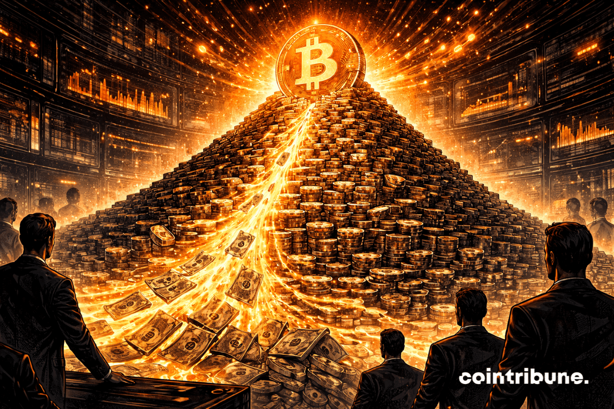 A massive Bitcoin coin sits atop an accumulation structure, fueled from below by a torrent of capital. A ramp — or column of buying pressure — propels new monetary blocks upward into an already gigantic reserve.