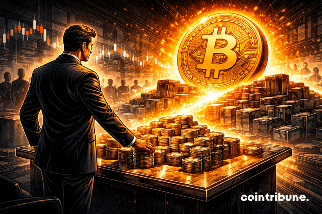 Dans une salle de conseil sombre et moderne, un stratège institutionnel se tient devant une table d’allocation. Sur cette table, une masse de capital abstraite, compacte et lumineuse, semble être préparée ou orientée vers un grand Bitcoin placé en position dominante. À l’opposé, des formes représentant les actions apparaissent plus basses, plus froides, moins soutenues visuellement. La scène doit faire comprendre que le Bitcoin prend l’ascendant sur les actions, pendant qu’un nouveau renfort potentiel se prépare en arrière-plan.