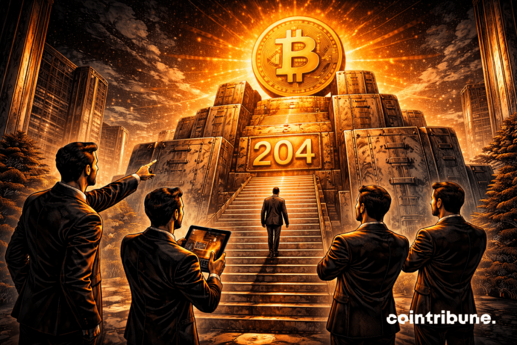 A massive metallic fortress is made up of imposing industrial blocks, some of which subtly echo the shape of the Bitcoin symbol integrated into the architecture. At the main entrance, above a wide monumental staircase, an embedded metal plaque displays the number 204, deeply engraved into the material.