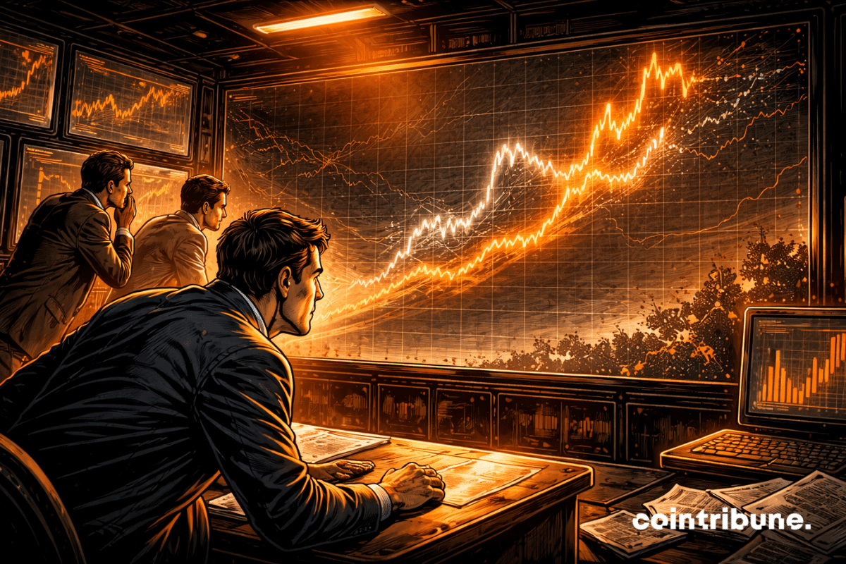A glowing Bitcoin chart reveals a current curve that overlays like a reflection of a ghostly past curve.