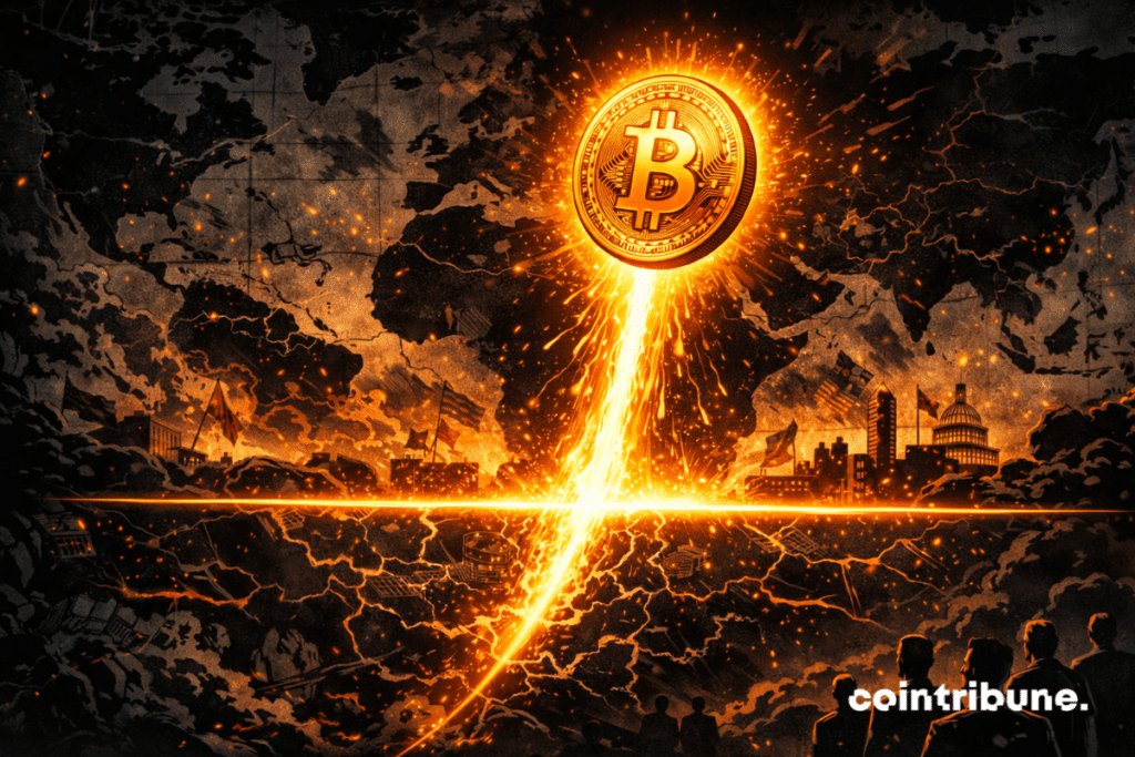 Una gran moneda de Bitcoin atraviesa una zona abstracta de turbulencia geopolítica, compuesta por fragmentos de mapas del mundo, líneas de fronteras, masas oscuras, esferas de influencia y formas institucionales pesadas. Tras cruzar esta zona tensa, pasa claramente por encima de una línea luminosa definida.