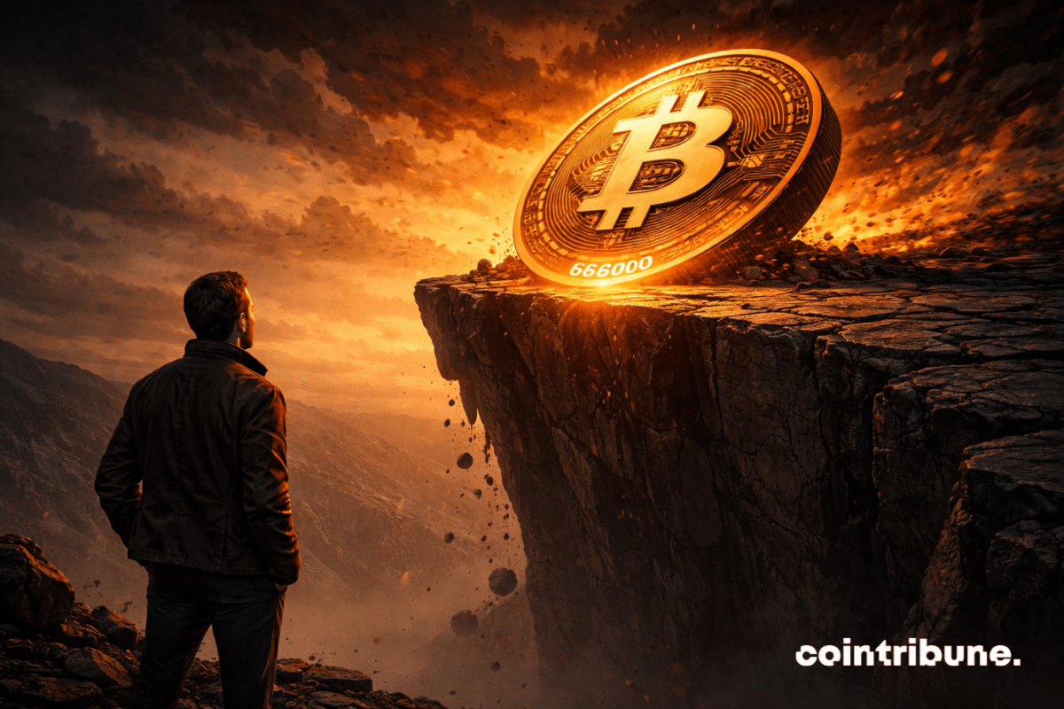 Un Bitcoin est au bord du vide sous le regard d’un trader. Il est légèrement incliné, prêt à basculer. Le chiffre 66000 est gravé sur le bord.
