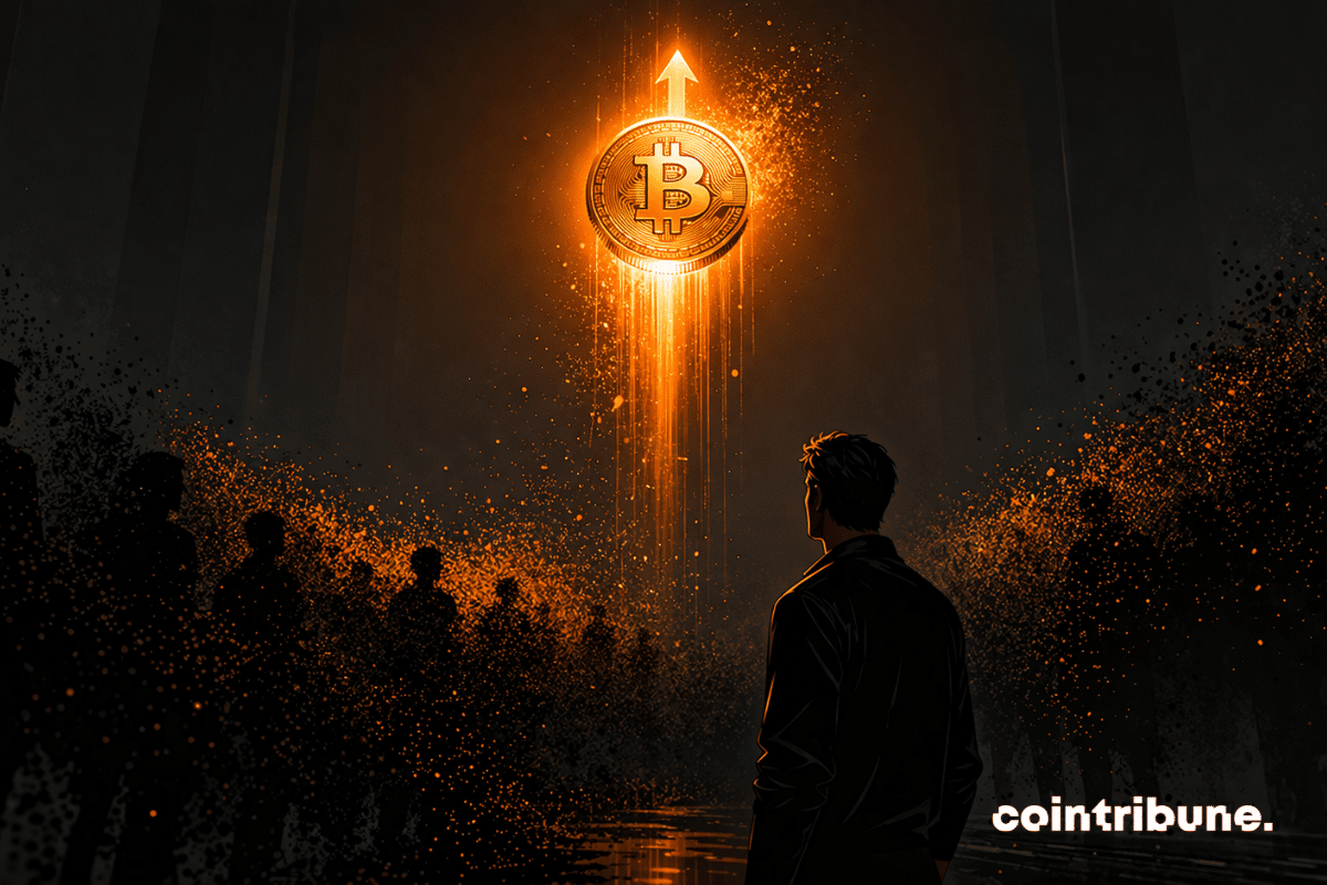 Un Bitcoin monte tandis que des silhouettes humaines disparaissent en poussière.
