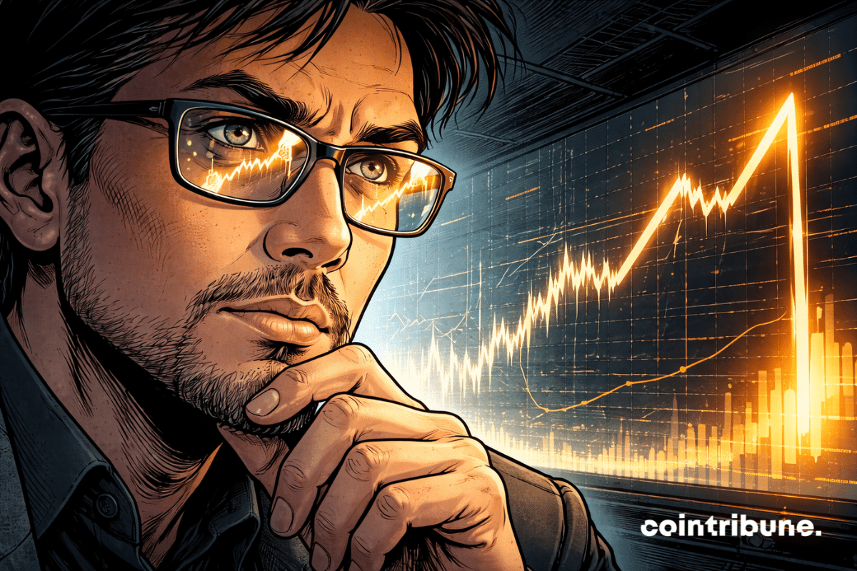 Un analyste au visage réaliste observe le marché avec une expression de vigilance contenue. Le point fort est le reflet dans ses lunettes ou directement dans ses yeux. On y distingue une courbe de Bitcoin qui remonte brièvement avant de se briser vers le bas.