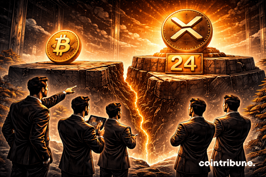 Un symbole Bitcoin métallique repose sur une plateforme stable, horizontale, sombre et massive. À droite, un symbole XRP est positionné sur une plateforme légèrement plus élevée et inclinée vers le haut. Sous la plateforme XRP, intégré dans une plaque métallique encastrée, le chiffre 24 est gravé profondément dans la structure.