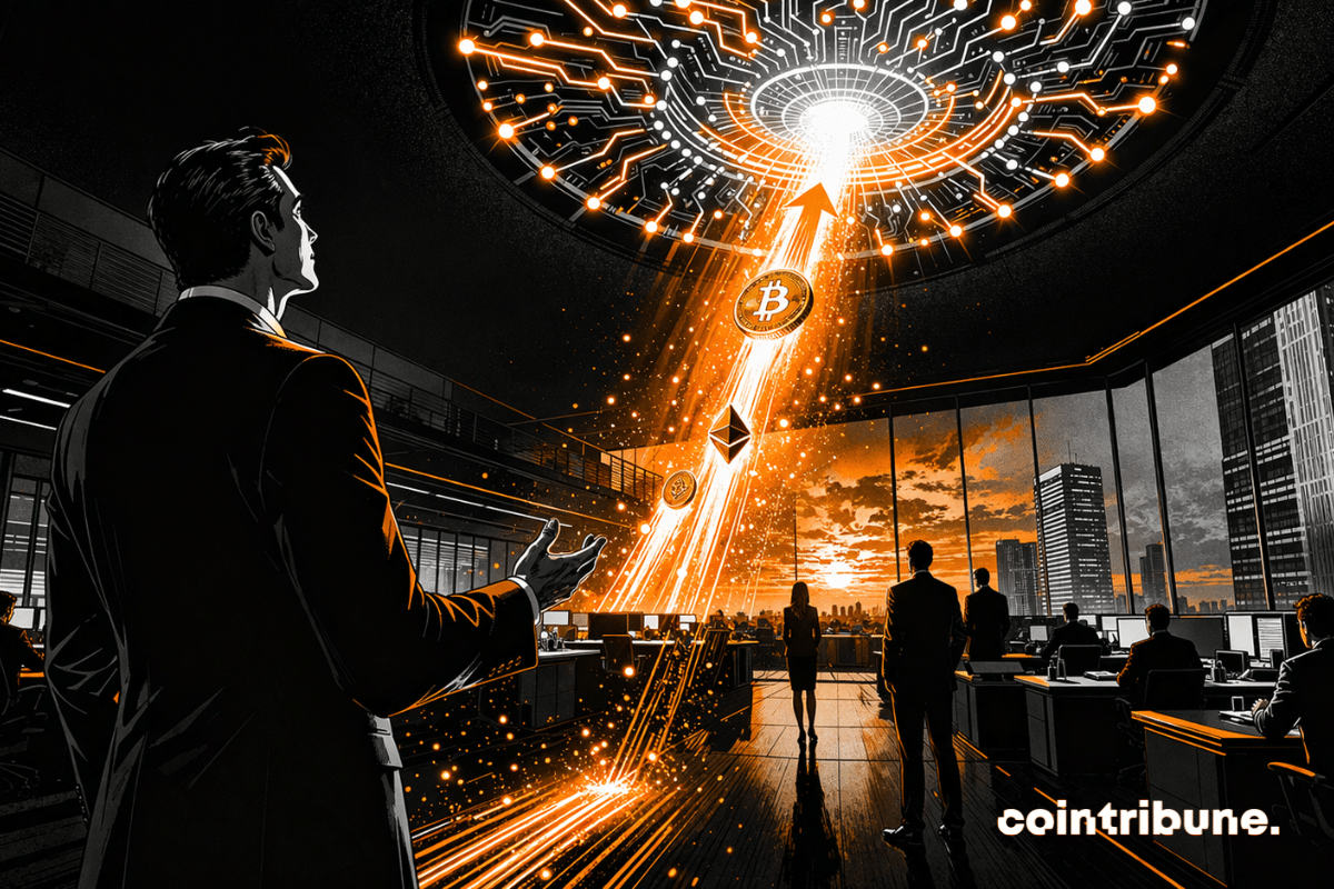 Dans un grand open space financier futuriste, un analyste institutionnel de BlackRock observe une immense structure d’IA lumineuse qui projette vers le ciel un flux de symboles crypto en ascension.