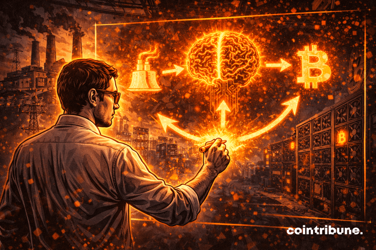 Investisseur trace stratégie reliant centrales électriques, cerveau IA et mineurs Bitcoin, illustrant alliance énergétique mondiale pour alimenter l’explosion de l’intelligence artificielle.