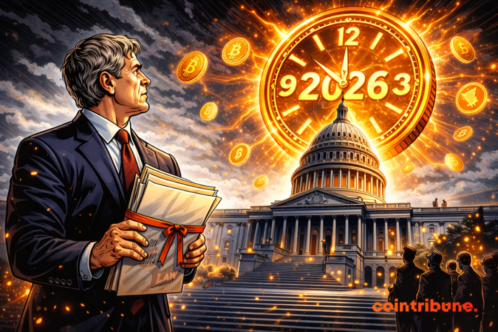 Sénateur tient dossier devant Capitole, observe horloge géante marquée 2026, symboles crypto flottent, illustrant attente prolongée de la régulation.