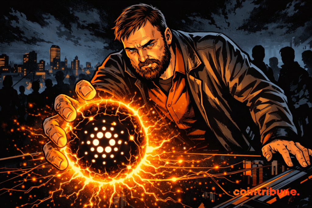 Illustration d’un homme manipulant une sphère lumineuse représentant le réseau Cardano, symbolisant l’émergence du projet Midnight et les attentes autour de son mainnet.