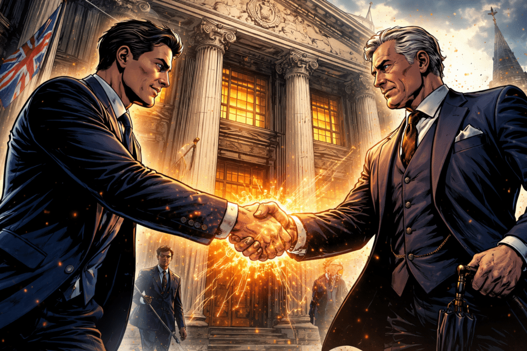 Two men in suits shake hands in front of a London bank, symbolizing a strategic crypto deal.