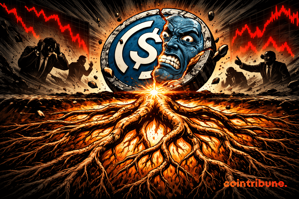 Illustration d’un logo USDC fissuré au centre d’un sol fracturé, avec des racines lumineuses en expansion et des graphiques baissiers en arrière-plan, symbolisant la chute de Circle en Bourse et les tensions autour des stablecoins.