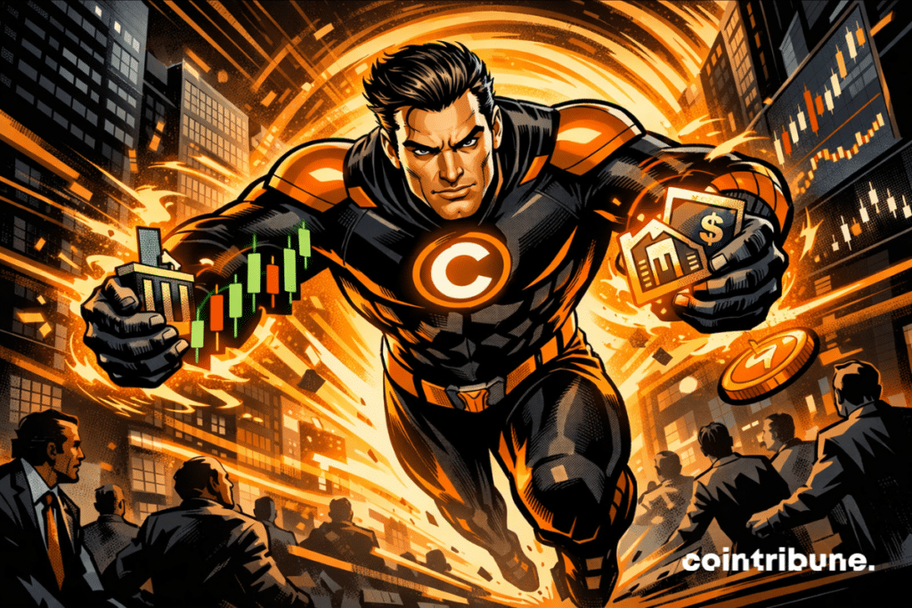 Illustration of a superhero representing Coinbase, moving through an urban environment with financial charts and stock symbols, illustrating derivatives trading.