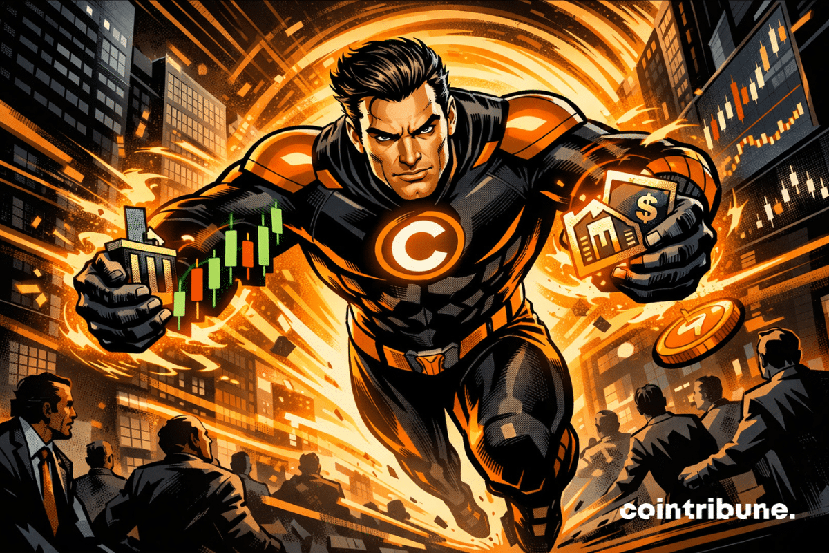 Illustration d’un super-héros représentant Coinbase, évoluant dans un environnement urbain avec des graphiques financiers et des symboles d’actions, illustrant le trading de produits dérivés.