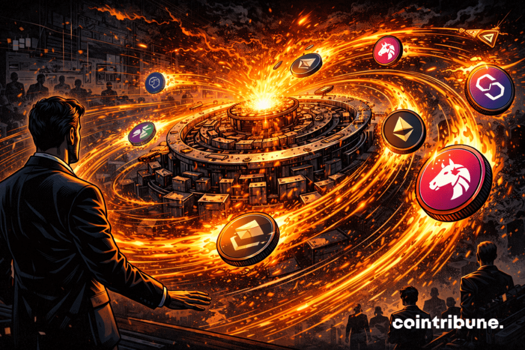 Au centre, une immense plateforme crypto circulaire de marché tourne à très grande vitesse dans un décor sombre, hybride entre salle de marché et machine financière abstraite. Des altcoins sont projetés vers l’extérieur par la force de rotation, dans des trajectoires courtes, sèches et violentes. Le centre de la machine reste plus dense et plus stable, tandis que la périphérie montre un marché devenu instable, imprévisible, incapable de maintenir de longues séquences de hausse homogènes, ce qui symbolise la disparition probable de l’altseason.