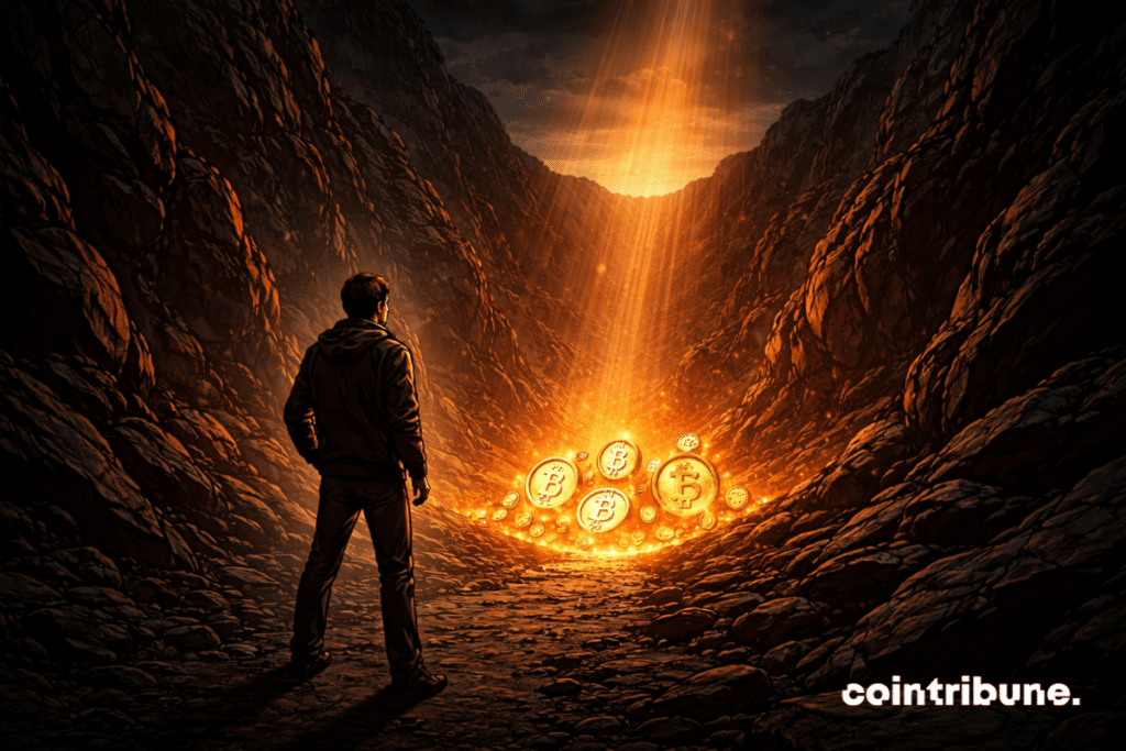 Dans un canyon financier ou une vallée profonde, un symbole crypto repose au point le plus bas, sous le regard d’un analyste de Bernstein.