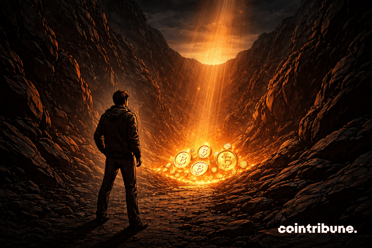 Dans un canyon financier ou une vallée profonde, un symbole crypto repose au point le plus bas, sous le regard d’un analyste de Bernstein.