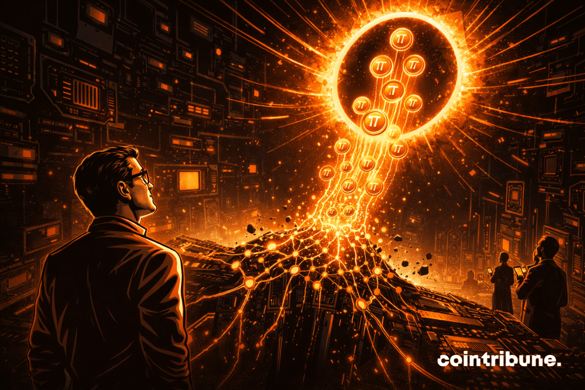 In a computing facility, giant chips drive a surge of tokens through energy flows under the control of an engineer, symbolizing the valuation of the Bittensor ecosystem.