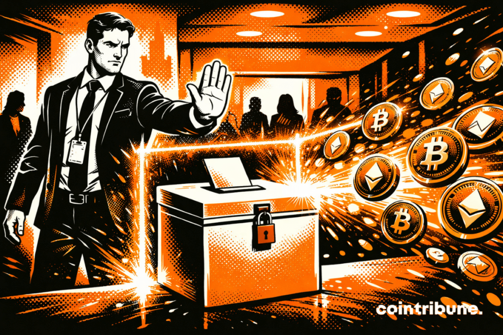 Une urne électorale est protégée tandis qu’un flot lumineux de jetons est bloqué net par une barrière transparente ou un champ de lumière, ce qui symbolise l’interdiction prochaine par le Canada des dons crypto en politique.