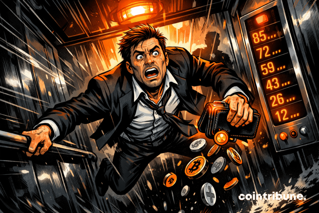 Panicked investor in a falling elevator, Bitcoin