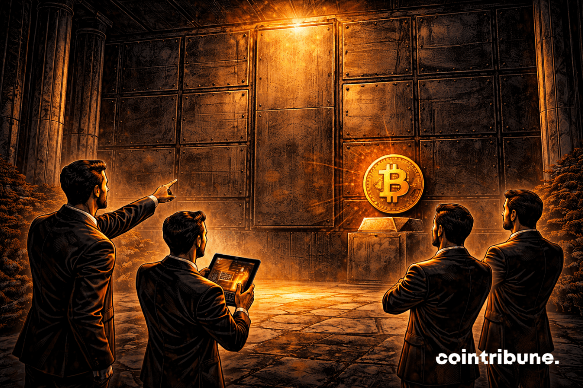 Un immense mur métallique est composé de grandes plaques d’acier rivetées, empilées comme des panneaux législatifs abstraits, ce qui symbolise le projet de loi crypto CLARITY Act.