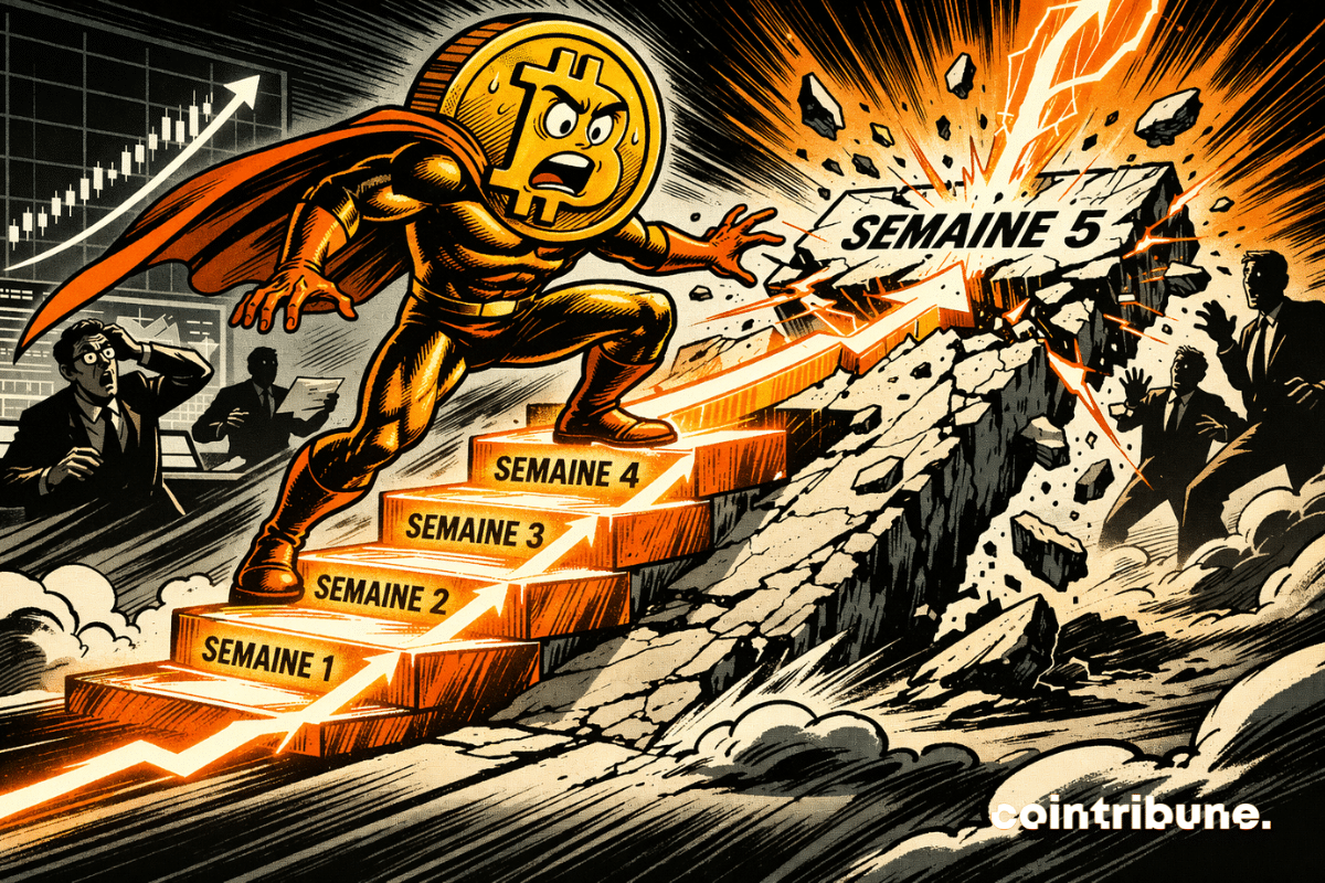 choqué devant une flèche haussière orange qui se brise près d’un symbole Bitcoin.