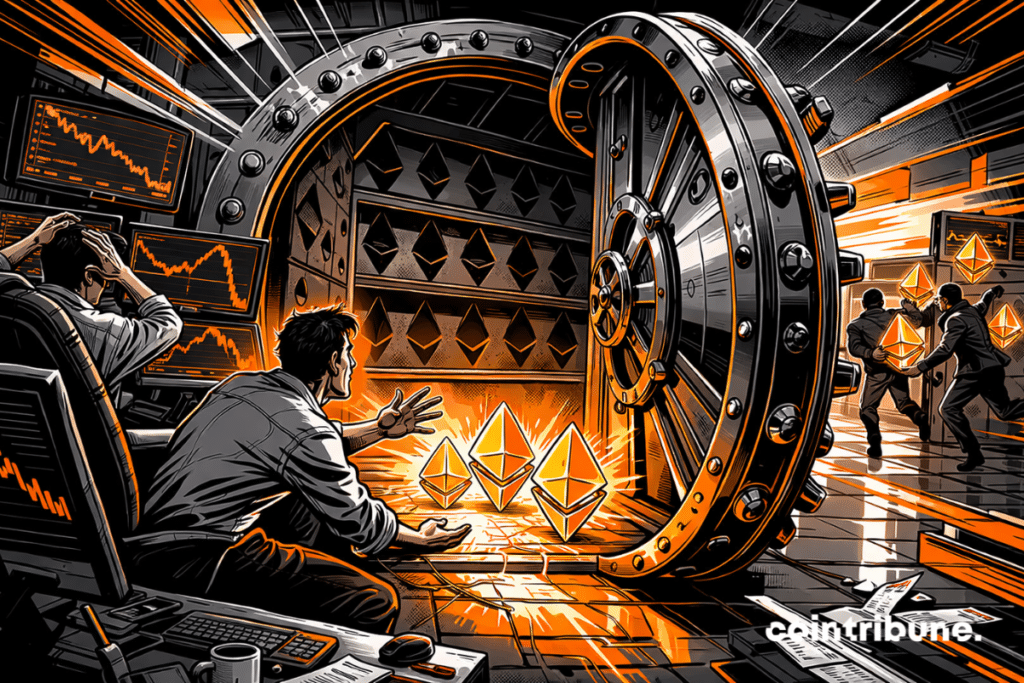 Un immense coffre-fort d’exchange crypto contient seulement quelques cristaux d’Ether lumineux.