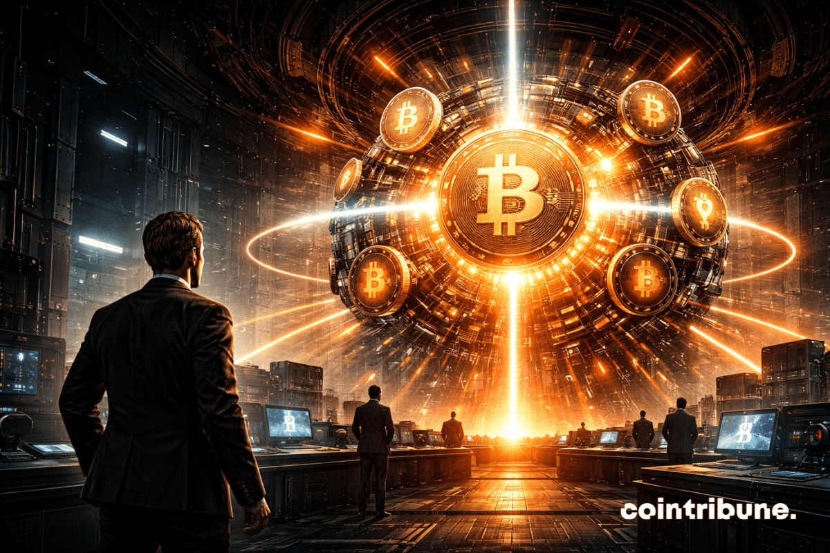 Un grand panneau circulaire ou cadran abstrait au sommet d’un immeuble montre des symboles crypto en train de se réaligner comme une remise à zéro, ce qui symbolise le reset du marché.