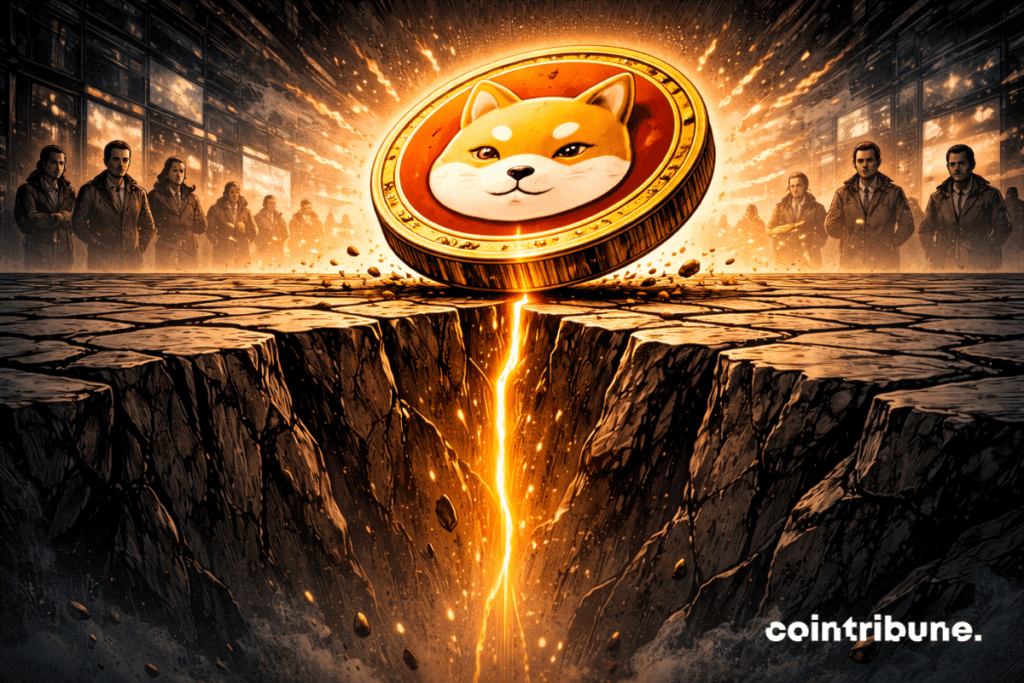 A Shiba Inu coin is balanced on a narrow platform. The coin rests on the edge of a cracked pedestal, ready to tip over.