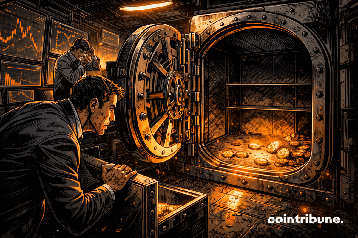 Un dirigeant d’entreprise de trésorerie crypto observe un coffre presque vide.