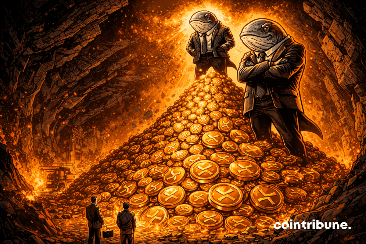 Sur une montagne gigantesque de jetons XRP se trouvent des baleines anthropomorphiques monumentales. De petits traders crypto humains au sol regardent vers le haut.