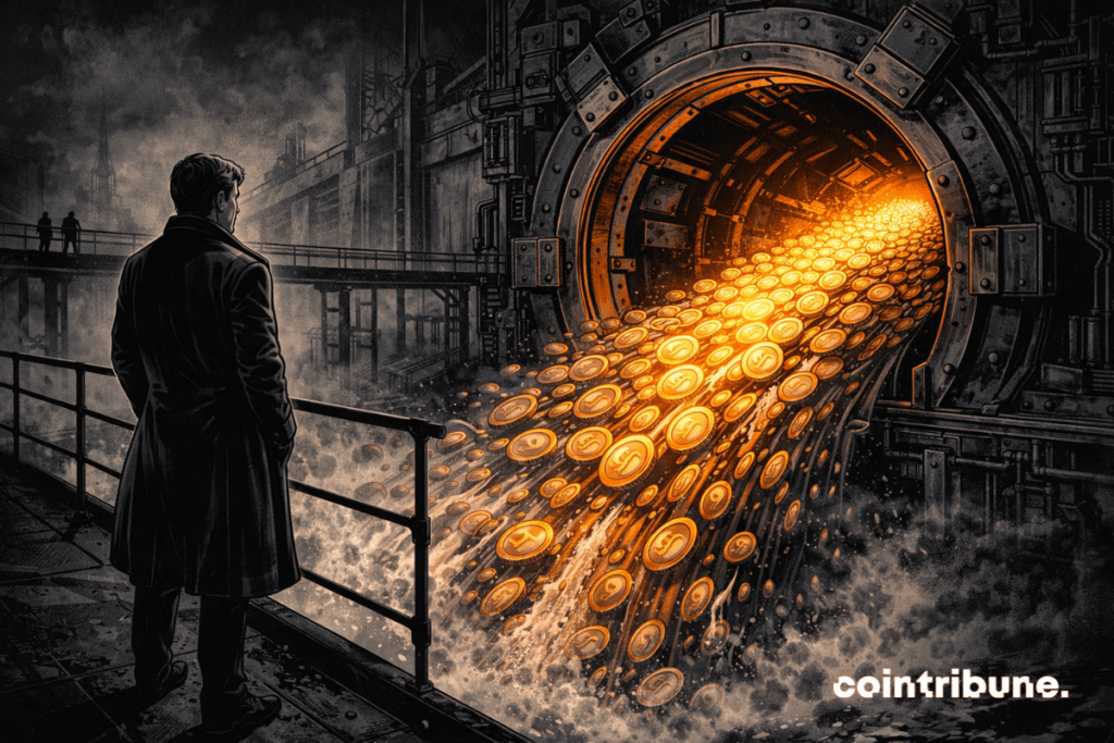 On an industrial quay or in front of a massive lock, a financial observer stands on a metal platform. He occupies the main area of the image with a stable, professional posture, facing a monumental valve in the process of opening. The gigantic industrial valve slowly opens. From the opening, a significant flow of abstract discs inspired by the XRP universe pours out like a mechanical wave.