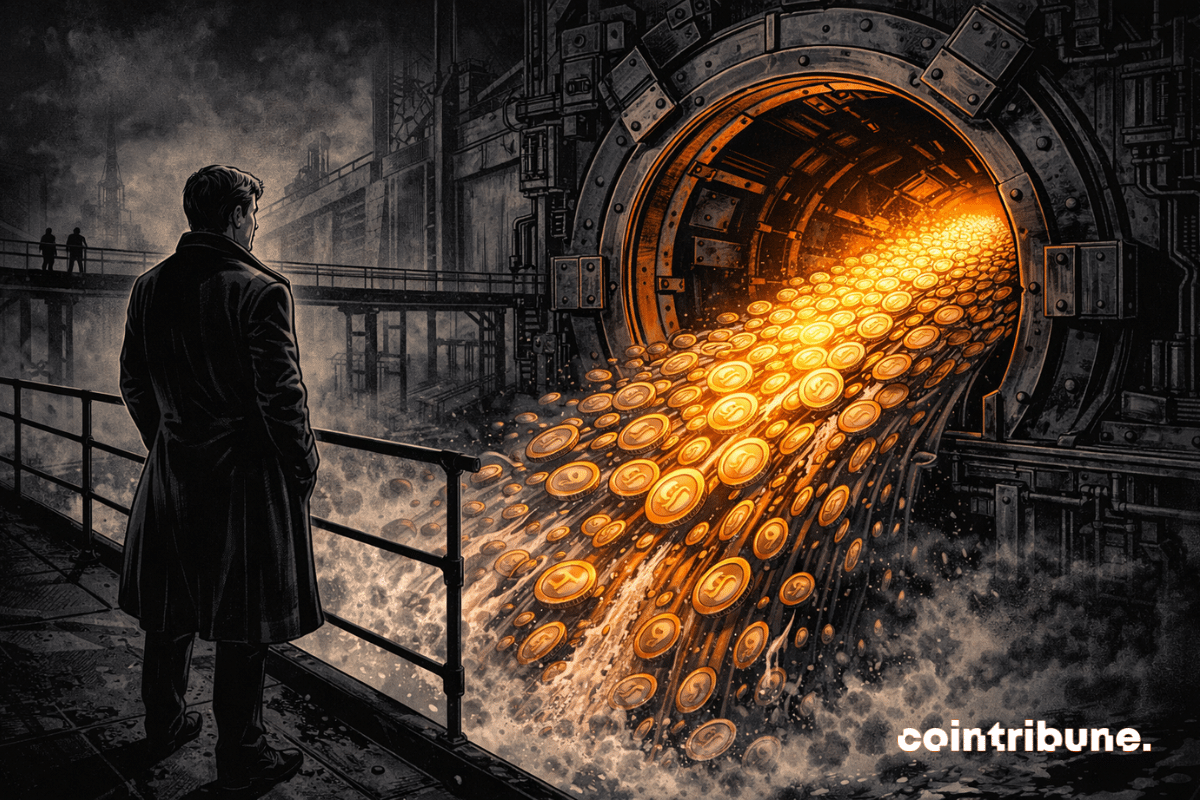 Sur un quai industriel ou devant une immense écluse, un observateur financier se tient sur une plateforme métallique. Il occupe la zone principale de l’image avec une posture stable, professionnelle, tournée vers une vanne monumentale en cours d’ouverture. La vanne industrielle gigantesque s’ouvre progressivement. Depuis l’ouverture, un flux important de disques abstraits inspirés de l’univers XRP se déverse comme une vague mécanique.