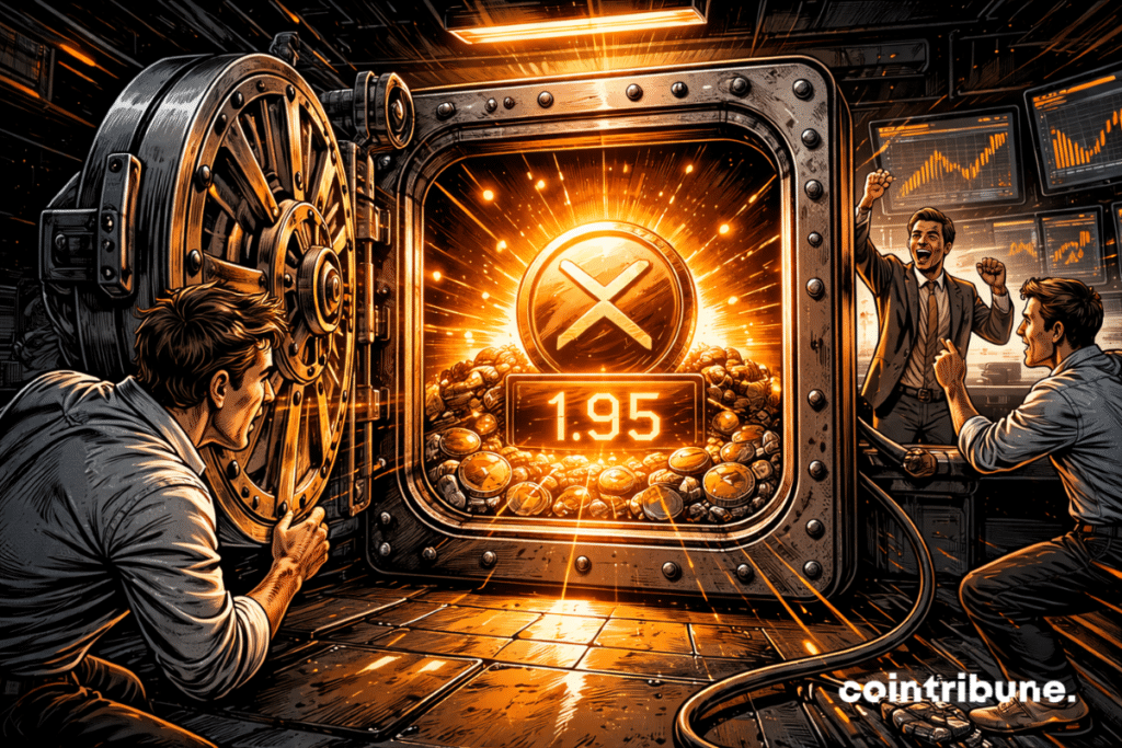 Un trader crypto ouvre un coffre. Un cristal XRP lumineux devant un compteur indique 1.95.