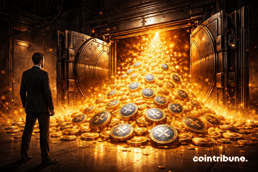 In a huge vault or strongroom, a massive door opens, releasing a stream of glowing XRP under the watchful eye of a Ripple executive.