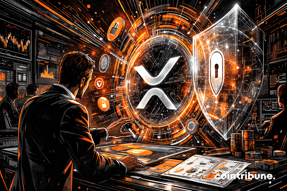 In a dark, sleek futuristic analysis room, a crypto expert faces an abstract projection of the XRP network. Circular flows converge toward a central sphere that has become denser, more opaque, more protected—as if the network were entering a new layer of privacy.