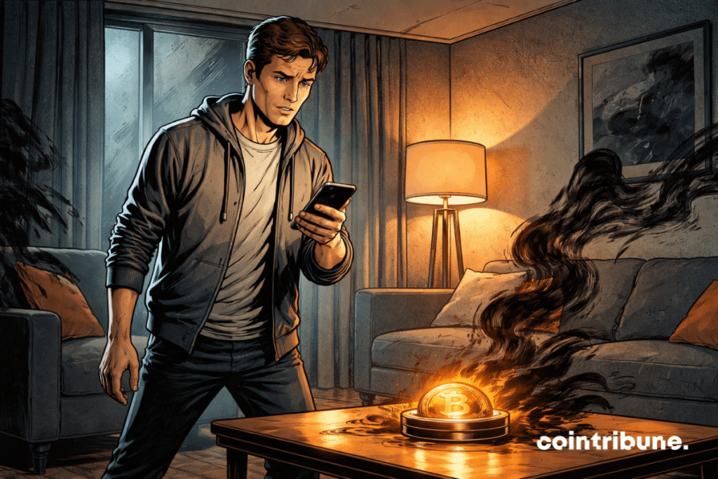 Un jeune adulte se tient debout dans un salon contemporain, regard fixé sur son smartphone qu’il tient à la main. Son corps est légèrement figé, comme interrompu dans une action banale du quotidien. Sur la table basse devant lui, un objet visuel évoquant l’univers, capte une partie de la lumière.