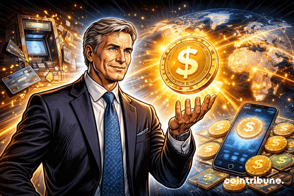 Milliardaire observe stablecoin lumineux flottant dans sa main, anciens distributeurs bancaires se brisent, smartphones et paiements numériques illuminent le monde.