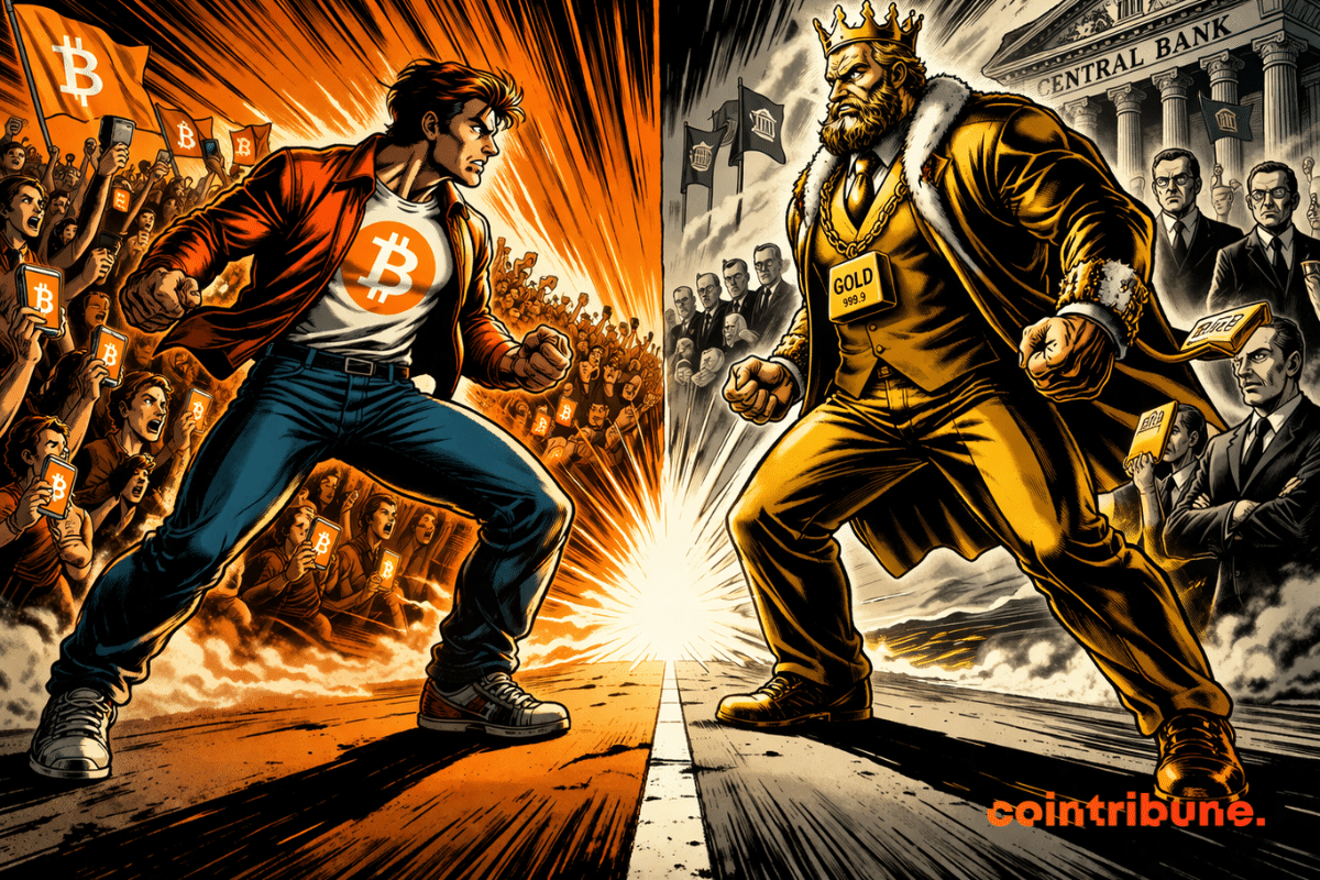 Two opposing forces clash intensely: Bitcoin, backed by an enthusiastic crowd, versus a golden king surrounded by a rigid and powerful elite.