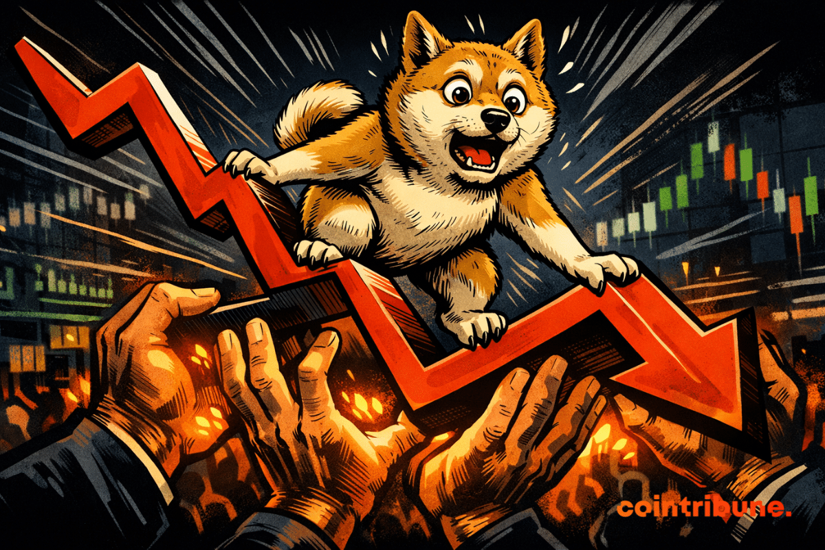 Illustration d’un chien Dogecoin surfant sur une flèche rouge descendante, symbolisant la baisse du marché crypto.