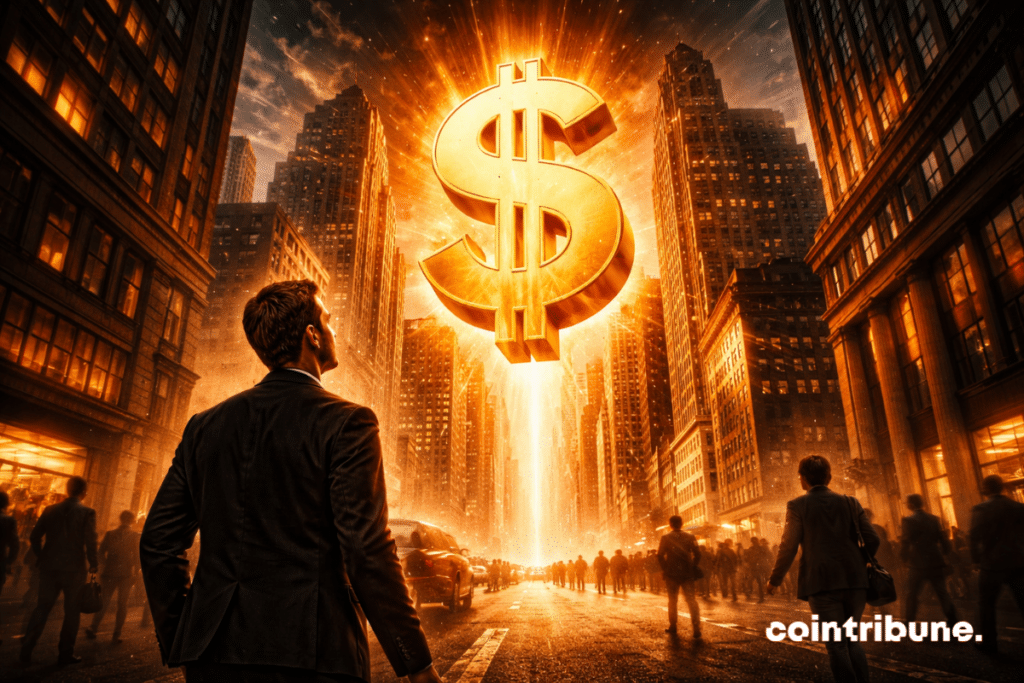 Un enorme símbolo de dólar luminoso domina los edificios bajo la mirada de un trader de Wall Street.